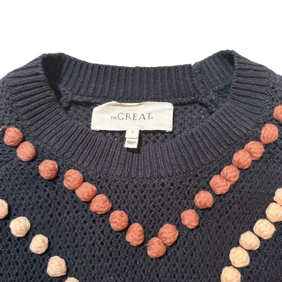 The Great. The Bobble Pom Pom Sweater Knit Navy Blue Brown - Size 1 / Small - Picture 7 of 14